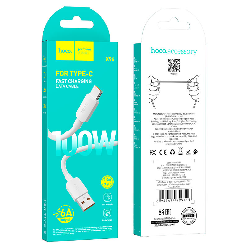 hoco x96 hyper 100w charging data cable usb tc packaging white