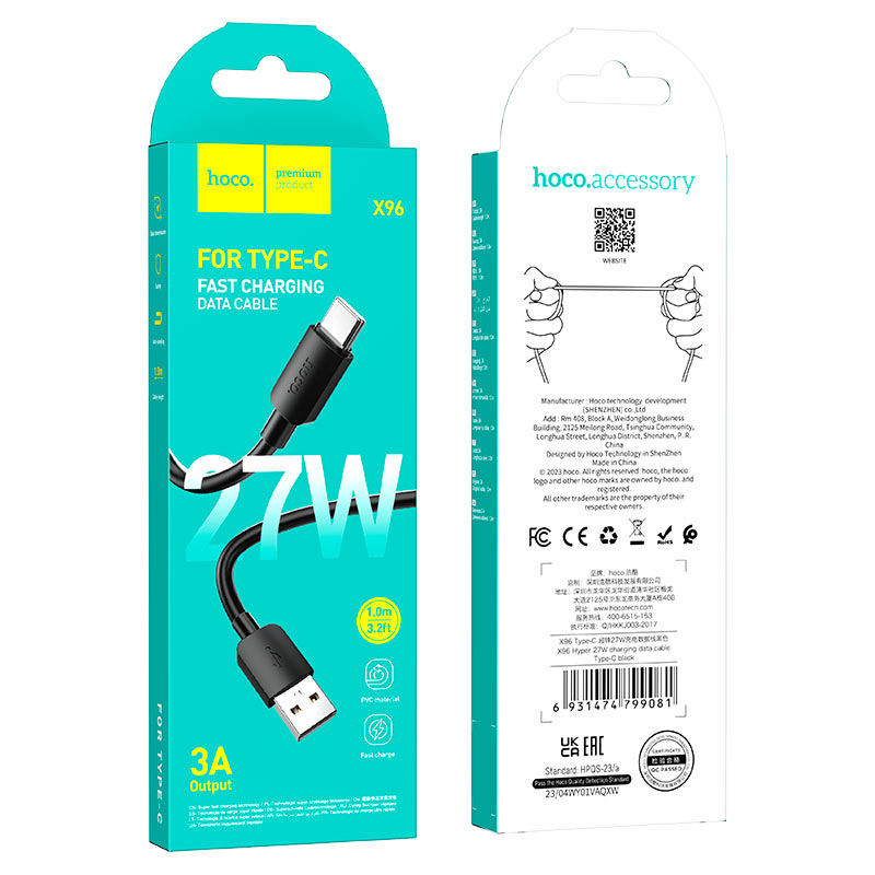 hoco x96 hyper 27w charging data cable usb tc packaging black