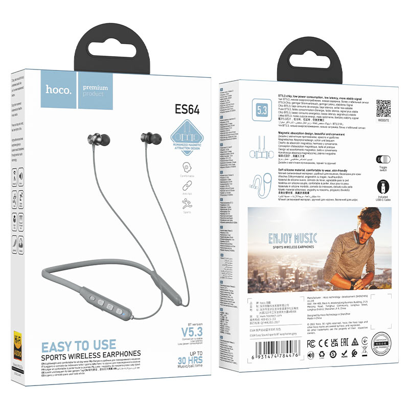 hoco es64 easy sound sports bt earphones packaging grey