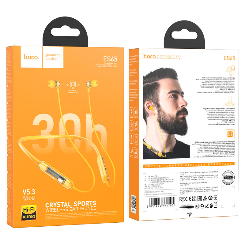 hoco es65 dream sports wireless earphones packaging yellow