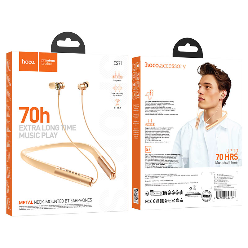 hoco es71 platinum neck mounted bt headset packaging orange smoothie