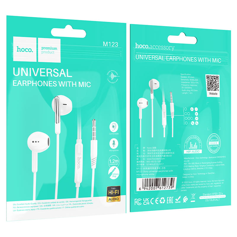 hoco m123 glory universal earphones packaging white