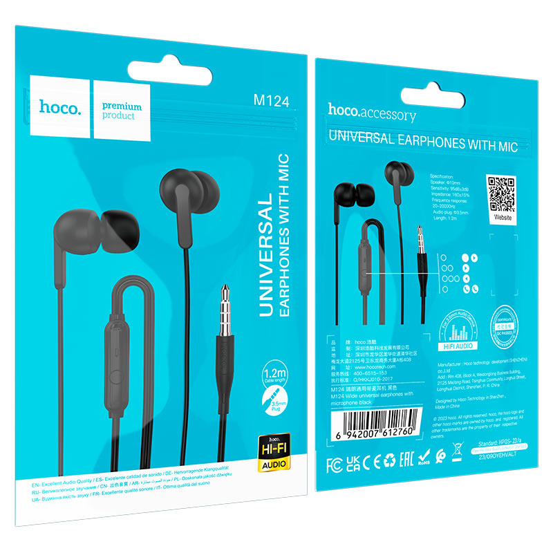 hoco m124 wide universal earphones packaging black
