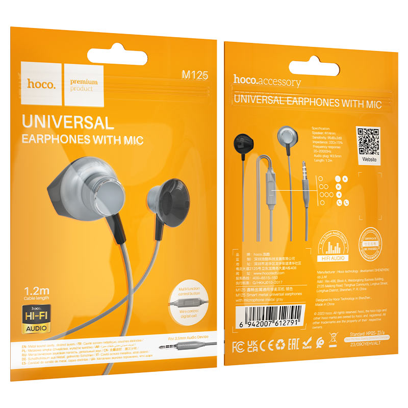 hoco m125 smart metal universal earphones packaging metal grey