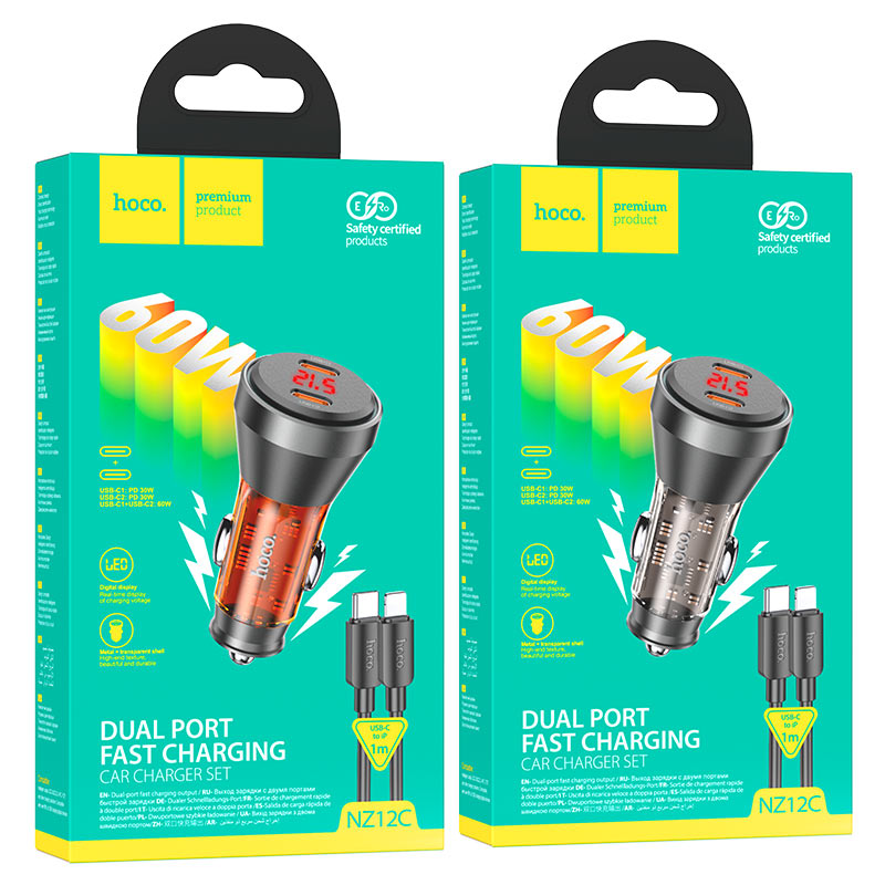 hoco nz12c graceful pd60w 2c car charger set tc ltn packaging