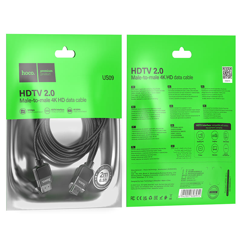 hoco us09 cutting edge hdtv 2 0 4k video cable packaging 2m