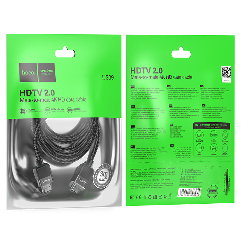 hoco us09 cutting edge hdtv 2 0 4k video cable packaging 3m