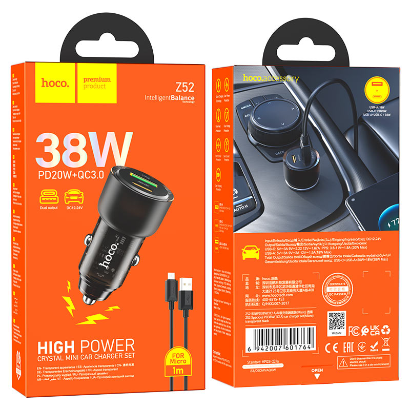 hoco z52 spacious pd38w 1c1a car charger set usb musb packaging transparent black