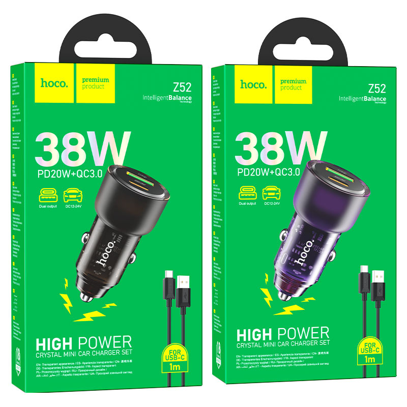 hoco z52 spacious pd38w 1c1a car charger set usb tc packaging