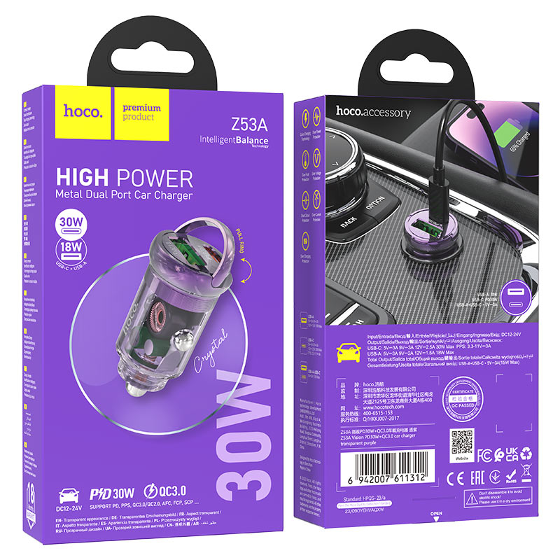 hoco z53a vision 30w 1c1a car charger packaging transparent purple