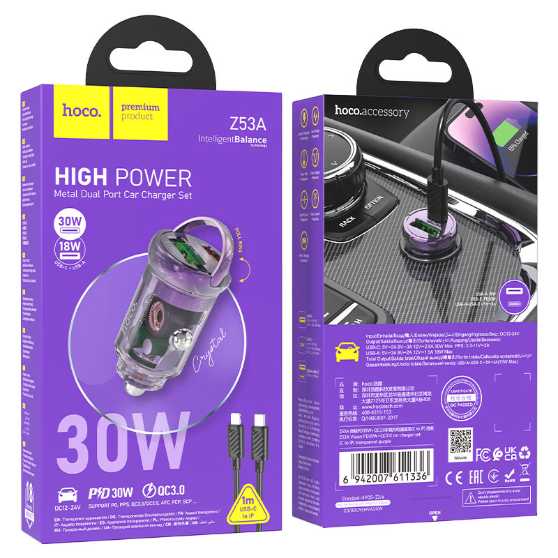 hoco z53a vision 30w 1c1a car charger set tc ltn packaging transparent purple