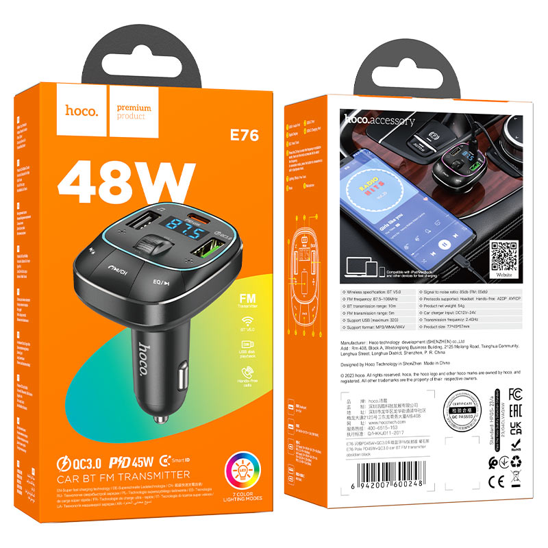 hoco e76 pole pd45w qc3 car bt fm transmitter packaging obsidian black
