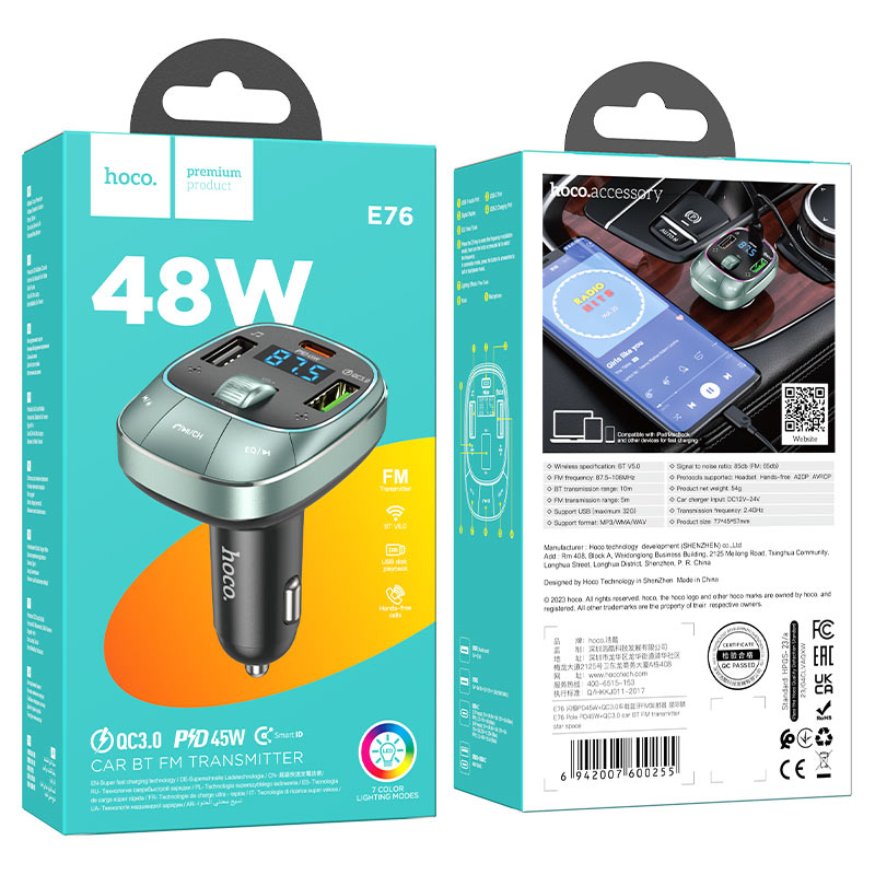 hoco e76 pole pd45w qc3 car bt fm transmitter packaging star space