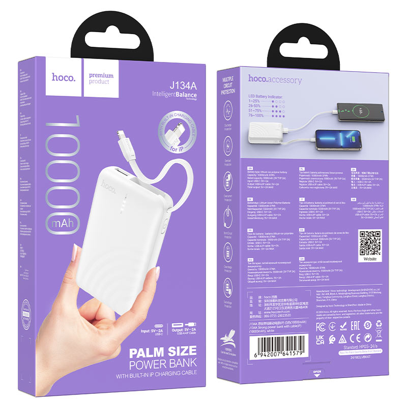hoco j134a strong power bank ltn 10000mah packaging white