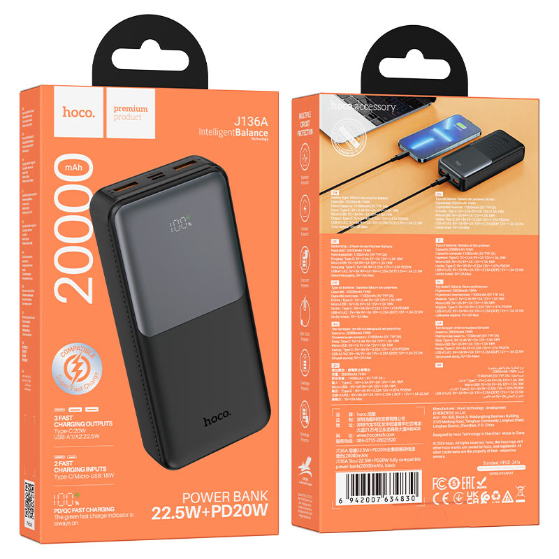 hoco j136a sirui 22 5w pd20w power bank 20000mah packaging black