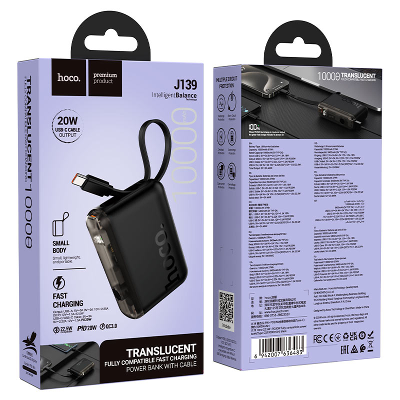 hoco j139 hero 22 5w pd20w power bank usbc 10000mah packaging black