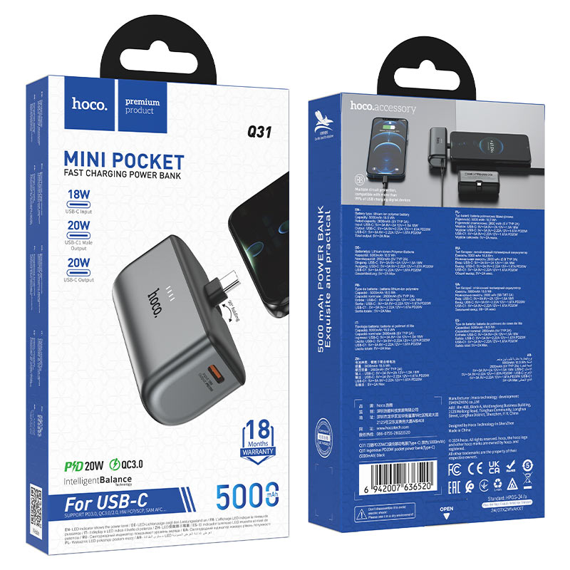 hoco q31 ingenious pd20w pocket power bank usbc 5000mah packaging black
