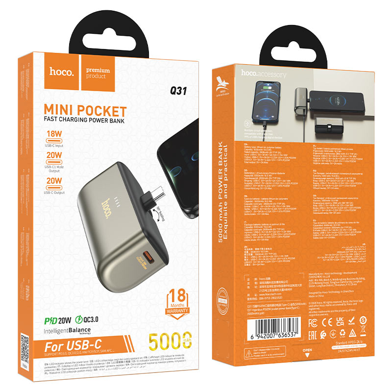 hoco q31 ingenious pd20w pocket power bank usbc 5000mah packaging gold