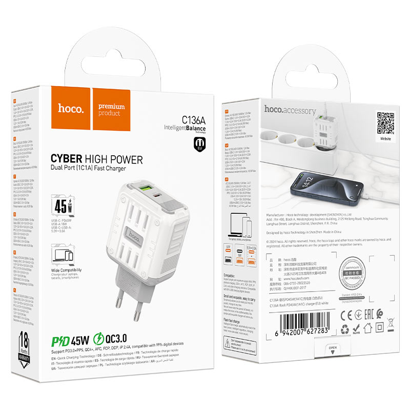 hoco c136a rock pd45w 1a1c wall charger eu packaging