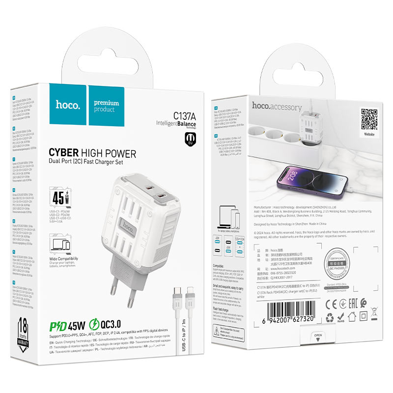 hoco c137a rock pd45w 2c wall charger eu set usbc ltn package