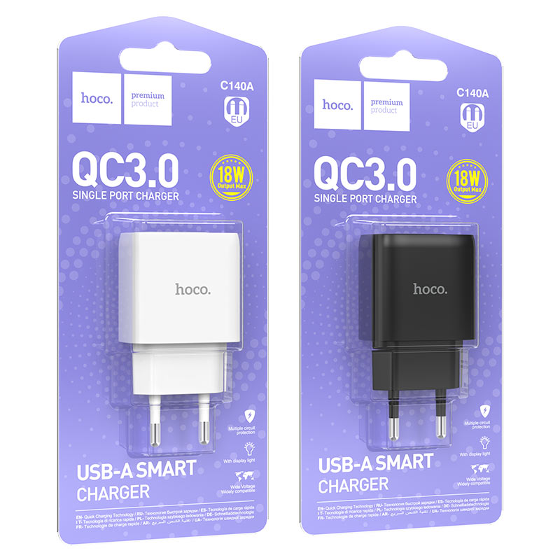 hoco c140a smart 1port qc3 wall charger eu packaging