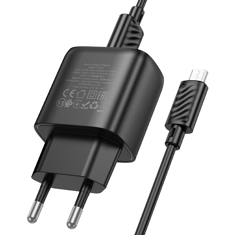 hoco c140a smart 1port qc3 wall charger eu set usba musb cable