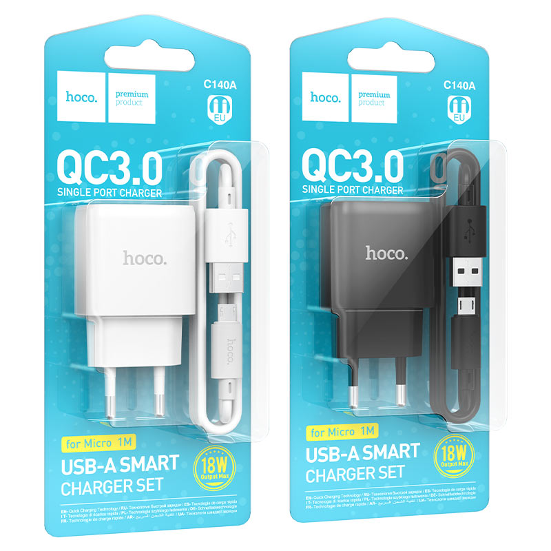 hoco c140a smart 1port qc3 wall charger eu set usba musb packaging