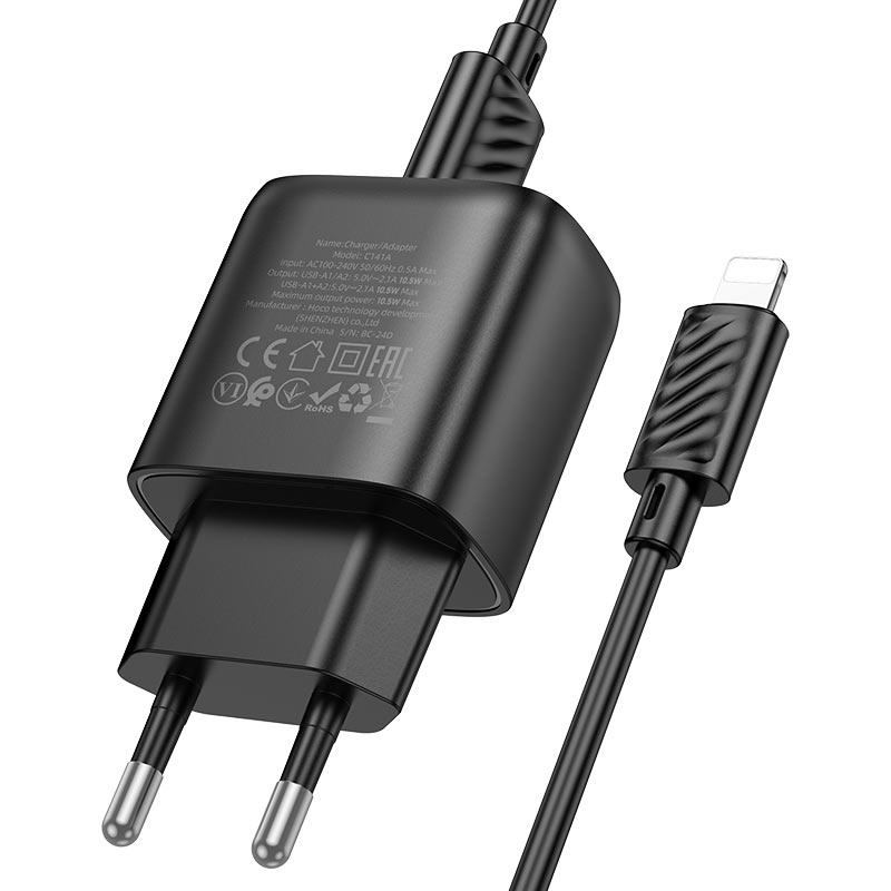 hoco c141a smart 2ports wall charger eu set usba ltn cable