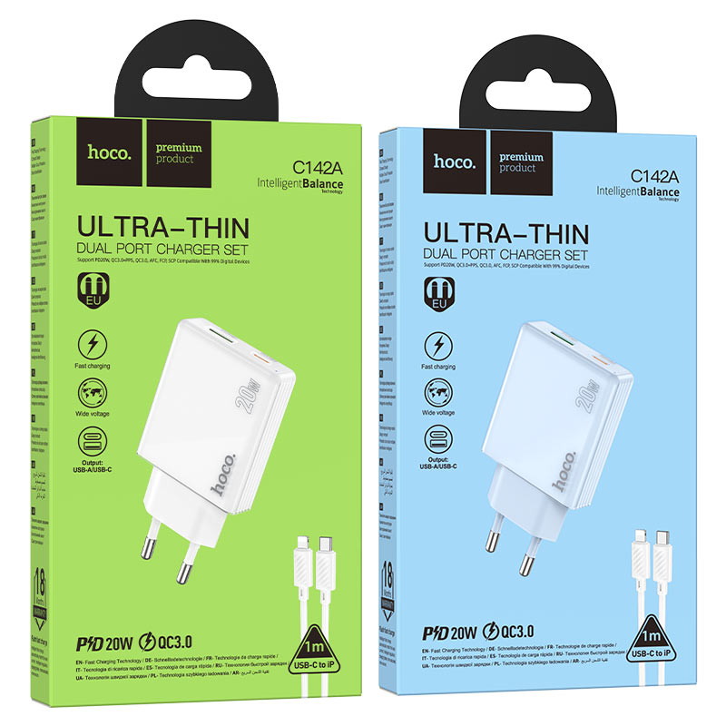 hoco c142a direct pd20w qc3 wall charger eu set usbc ltn packaging