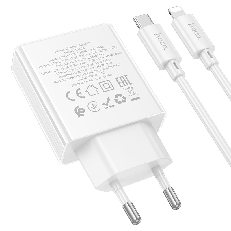 hoco c142a direct pd20w qc3 wall charger eu set usbc ltn plug