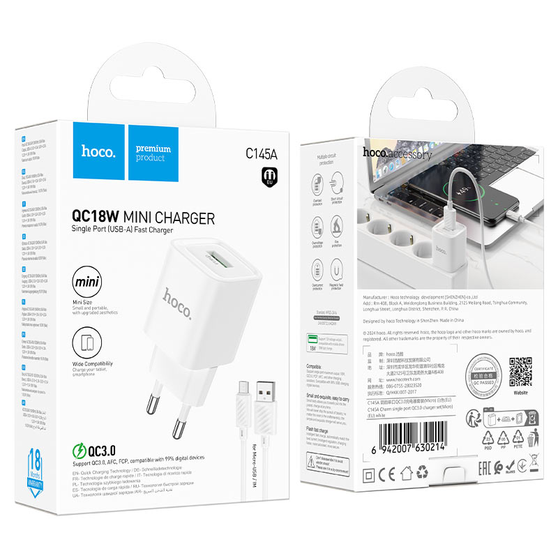 hoco c145a charm 1port qc3 wall charger eu set usba musb packaging