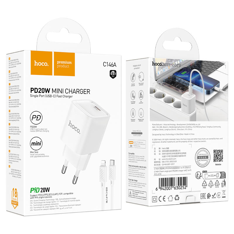hoco c146a charm 1port pd20w wall charger eu set usbc ltn packaging