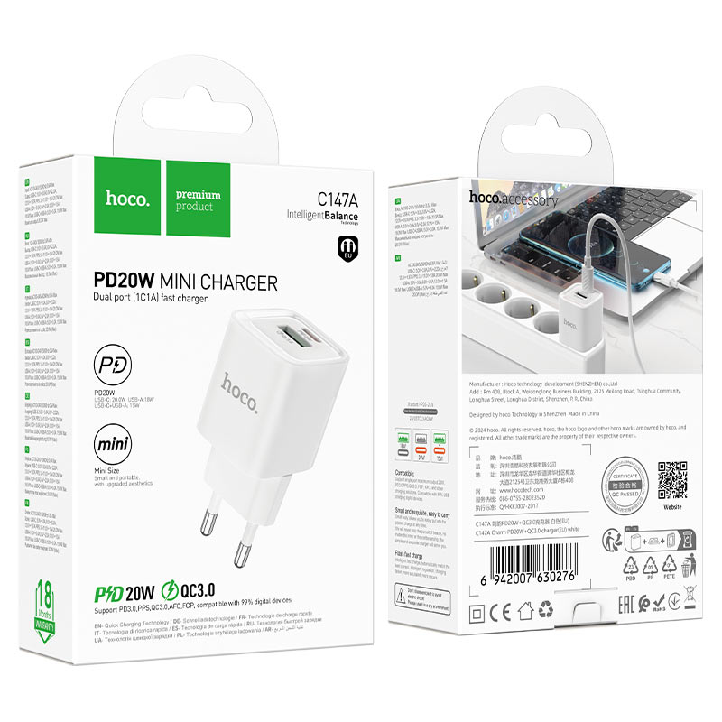 hoco c147a charm pd20w qc3 wall charger eu packaging