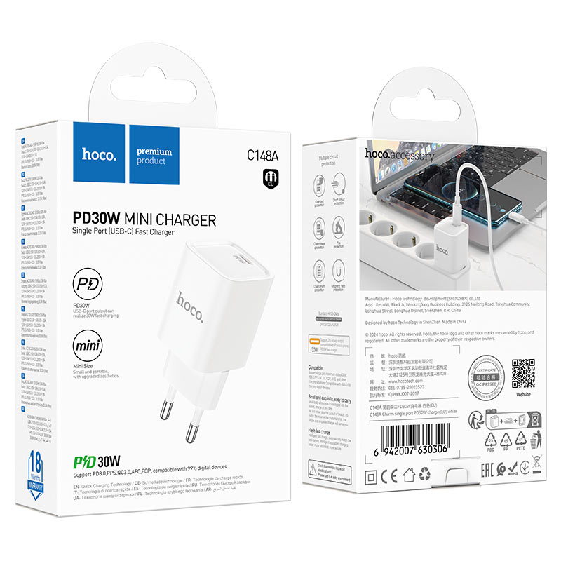 hoco c148a charm 1port pd30w wall charger eu packaging