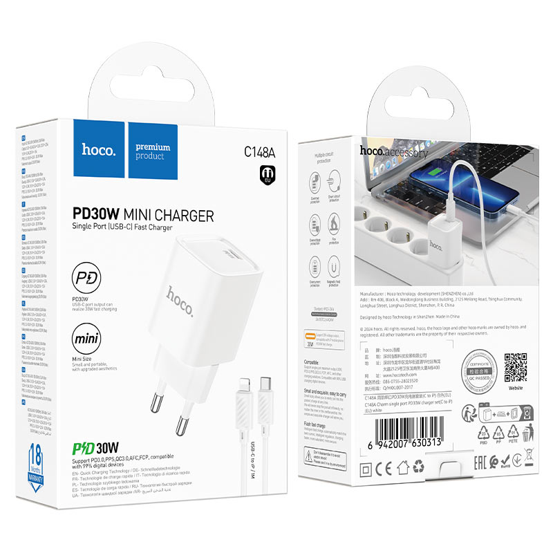 hoco c148a charm 1port pd30w wall charger eu set usbc ltn packaging