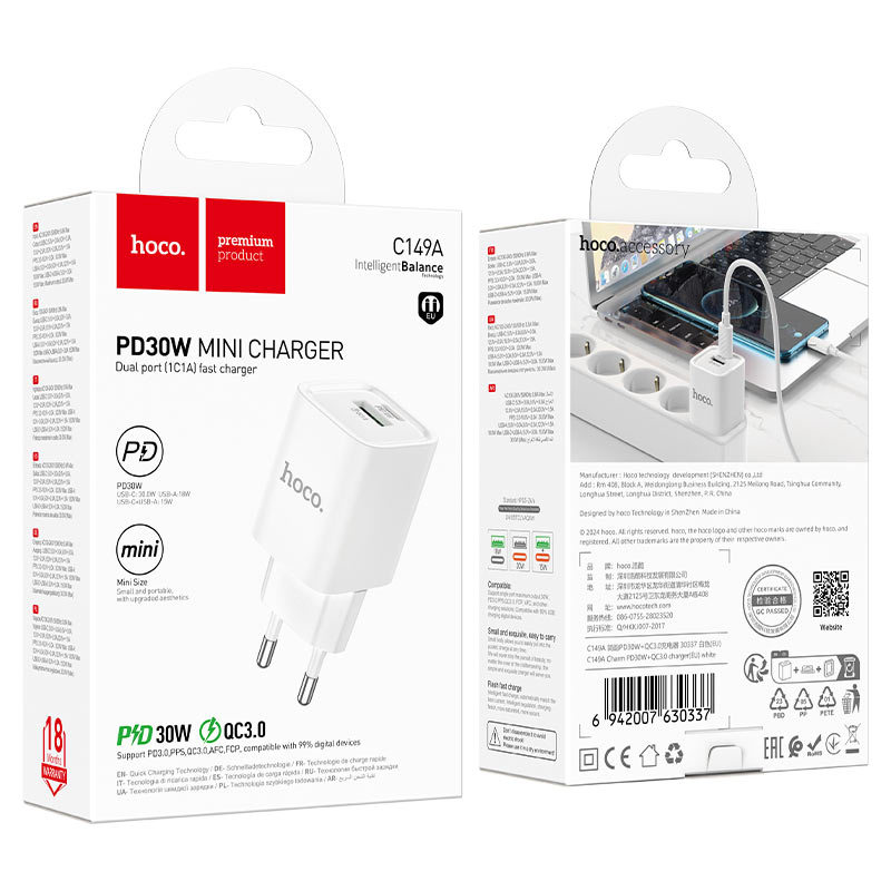 hoco c149a charm pd30w qc3 wall charger eu packaging