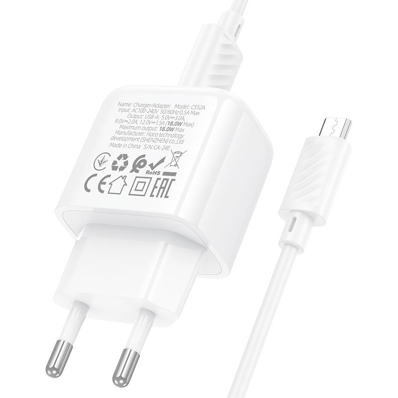 hoco cs52a surplus 1port qc3 wall charger eu set usba musb cable