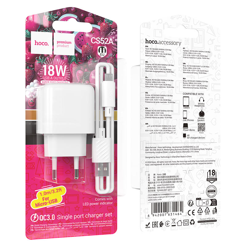 hoco cs52a surplus 1port qc3 wall charger eu set usba musb packaging