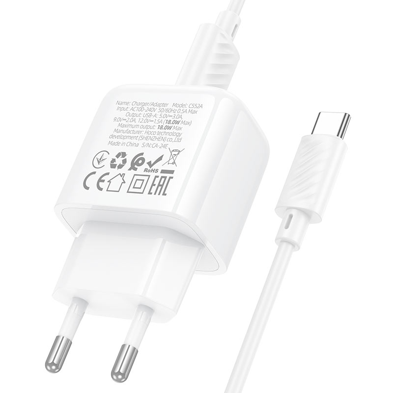 hoco cs52a surplus 1port qc3 wall charger eu set usba usbc plug