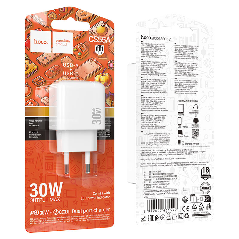 hoco cs55a surplus pd30w qc3 wall charger eu packaging