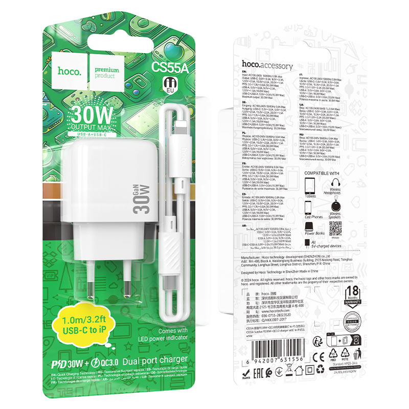 hoco cs55a surplus pd30w qc3 wall charger eu set usbc ltn packaging