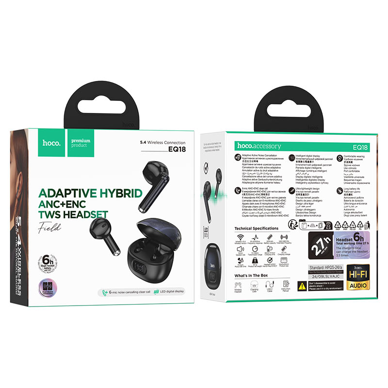 hoco eq18 field anc enc tws bt headset packaging black