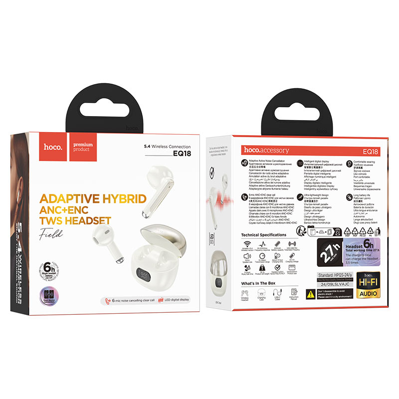 hoco eq18 field anc enc tws bt headset packaging milky white