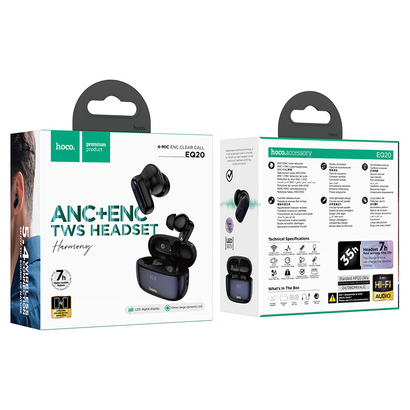 hoco eq20 rhyme tws anc enc bt headset packaging black