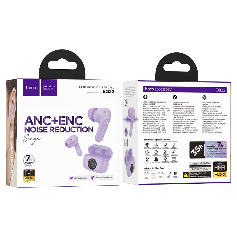 hoco eq22 singer tws anc enc bt гарнитура упаковка фиолетовый таро