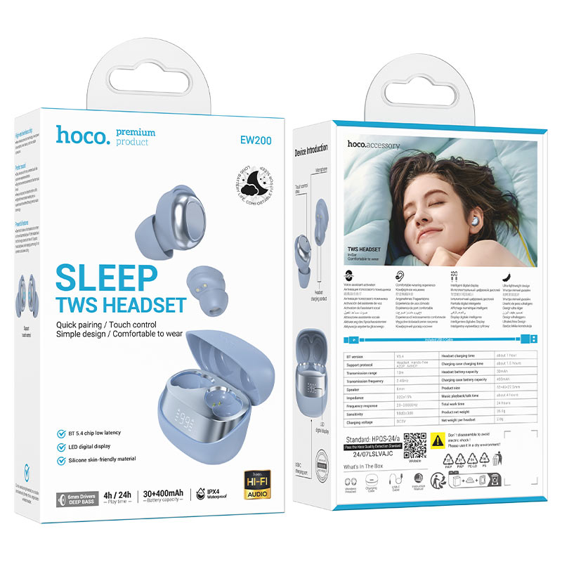hoco ew200 elegant tws sleep bt headset packaging blue