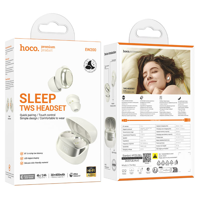 hoco ew200 elegant tws sleep bt headset packaging milky white