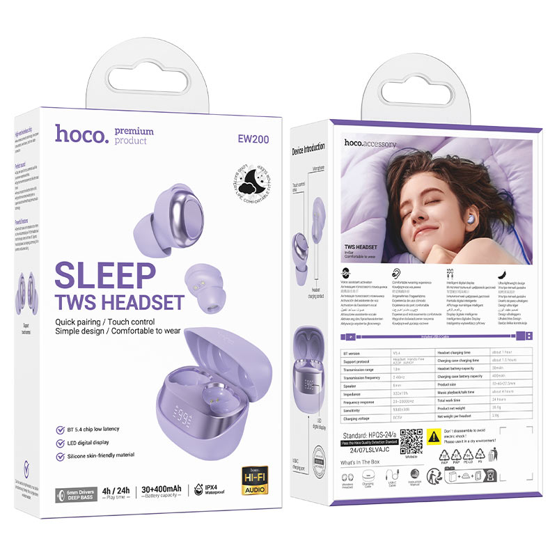 hoco ew200 elegant tws sleep bt headset packaging purple