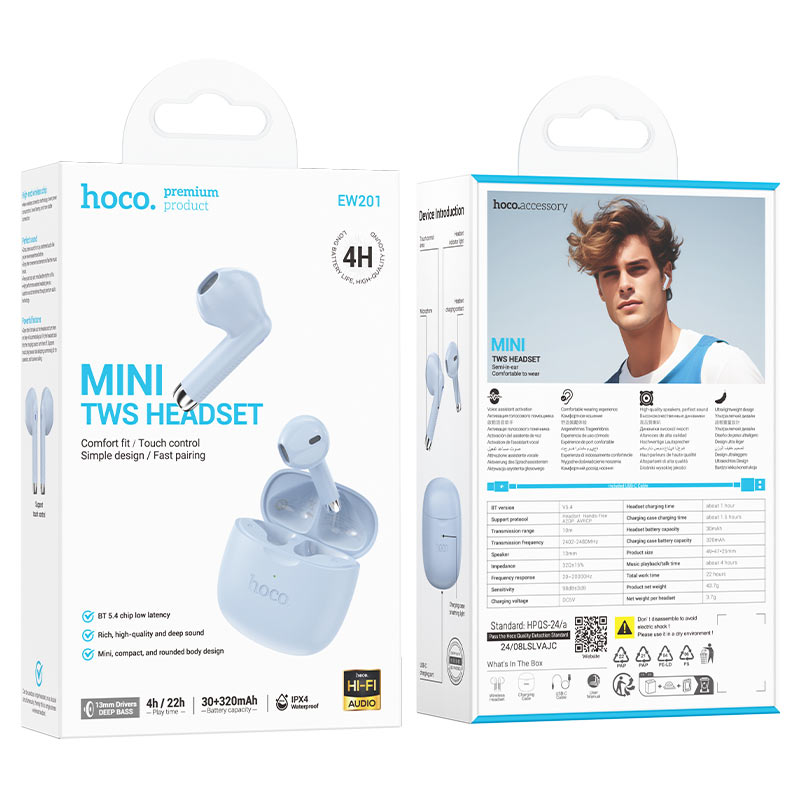 hoco ew201 graceful tws bt headset packaging blue star