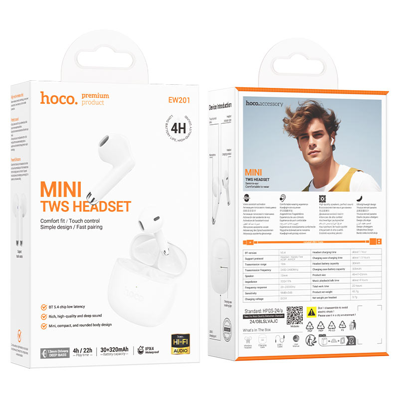 hoco ew201 graceful tws bt headset packaging frost white
